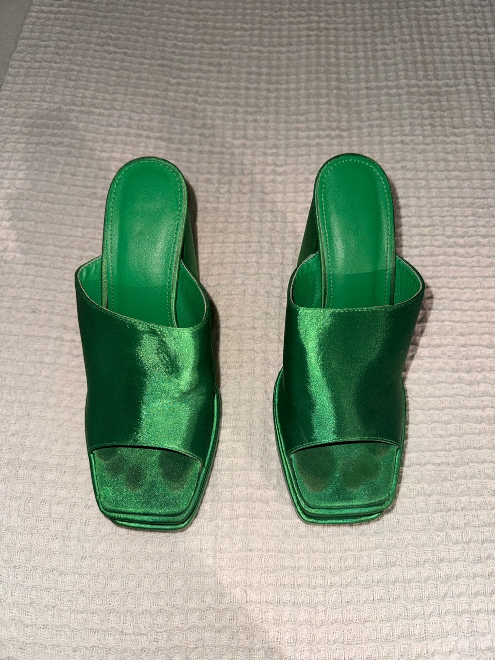 Public Desire Emerald Satin Open-Toe Mule Heels